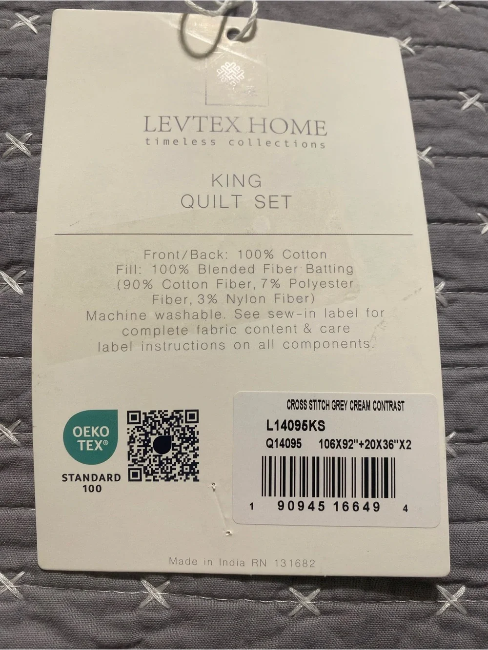 Levtex Home CROSS STITCH LIGHT GREY QUILT SET king 3 PCs